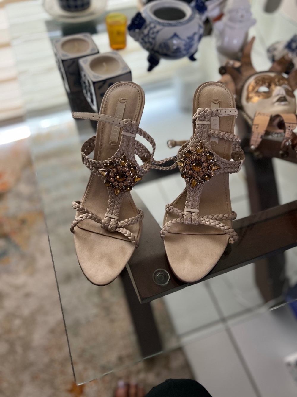 Silk dressy sandals with broche on top